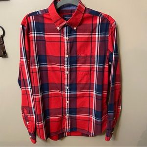 American Eagle Mens Classic Fit Red and Navy Plaid Button Down Shirt size M EUC